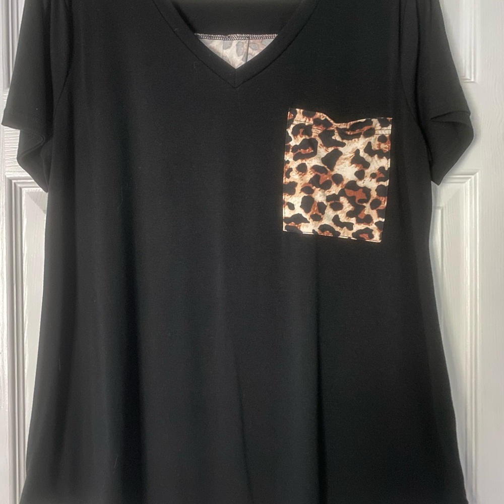 Black V-Neck Top with Leopard Print Pocket